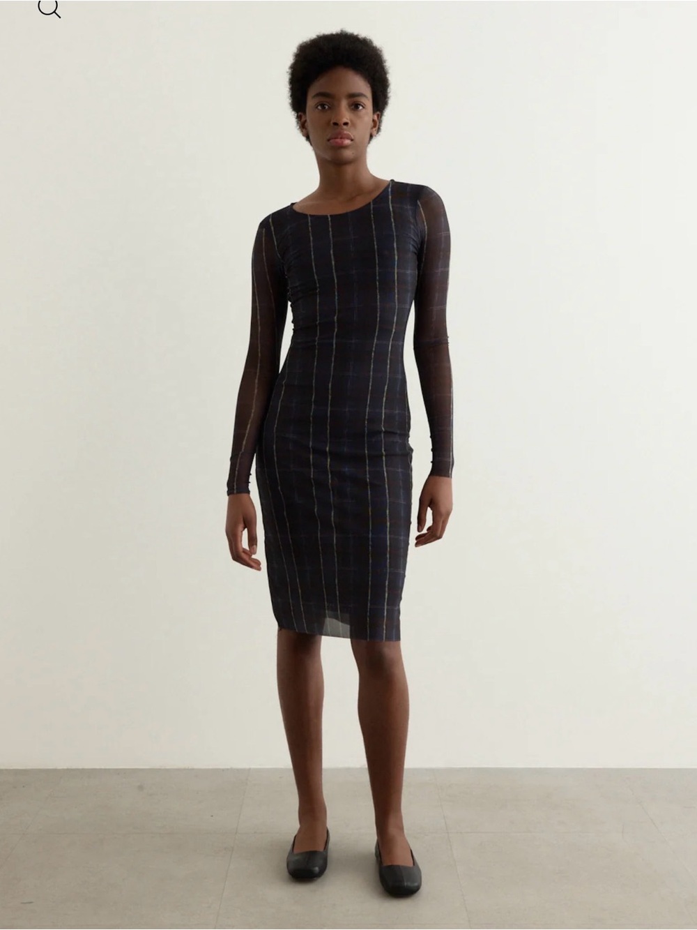 Baum und pferdgarten Sheer-Sleeve Navy Plaid Midi Body con Dress size L
